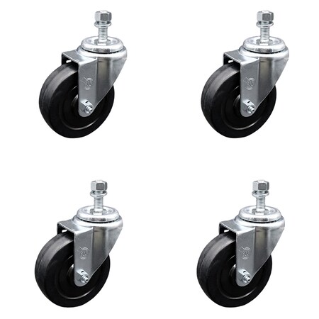 4 Inch SS Soft Rubber Wheel Swivel 3/8 Inch Threaded Stem Caster Set SCC